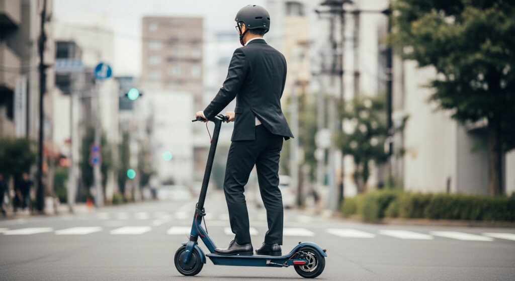 電動キックボードに乗るスーツ姿の男性