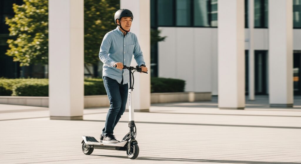 ヘルメットをかぶった男性が電動キックスケーターに乗っている様子