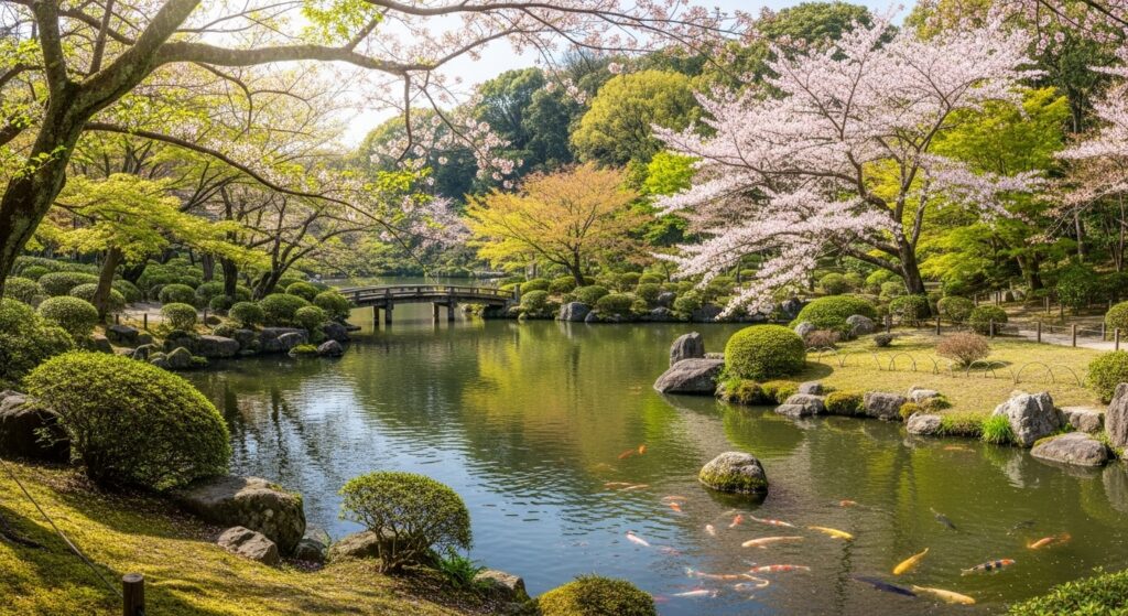 池に泳ぐ錦鯉と桜が咲く庭園