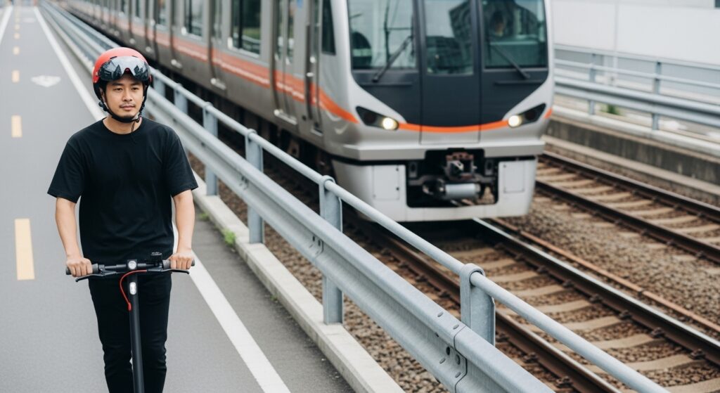 電車と並走する電動キックボードの男性