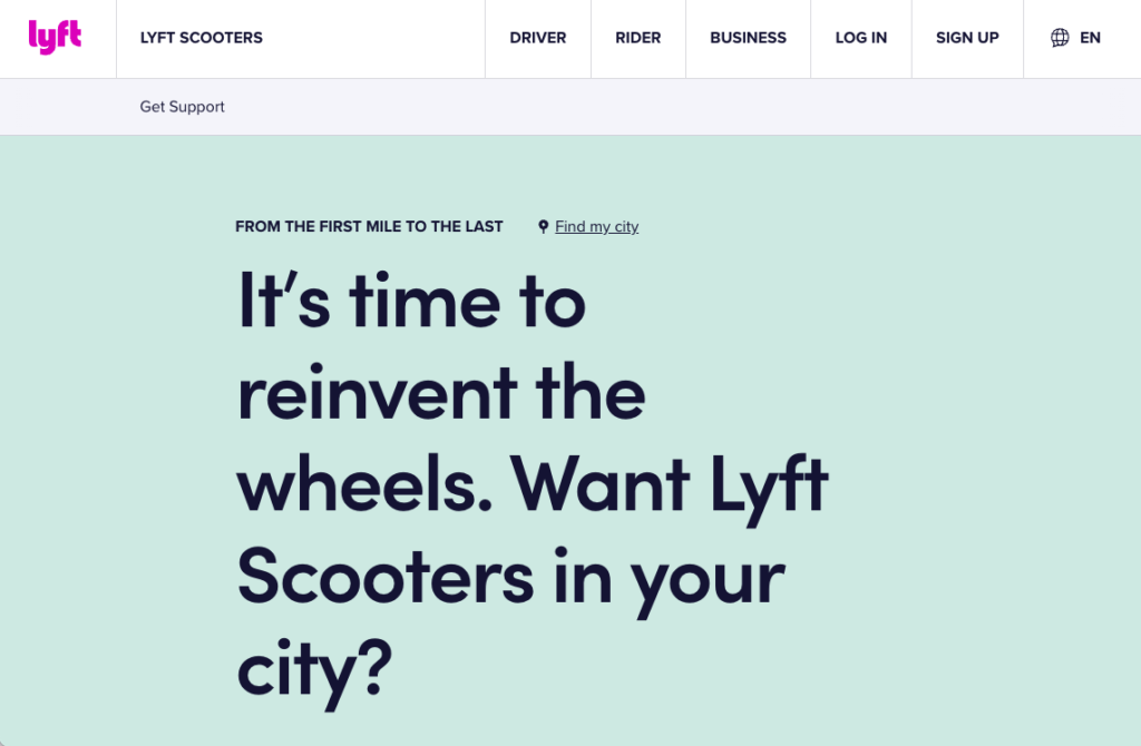 Lyftのウェブサイト。街でLyftのスクーターを試そう