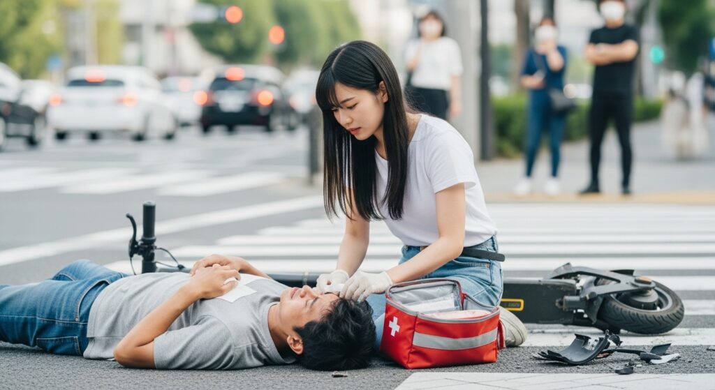 横断歩道で女性が倒れた男性に応急処置をしている様子