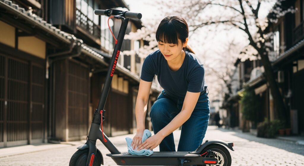 電動キックボードを手入れする女性