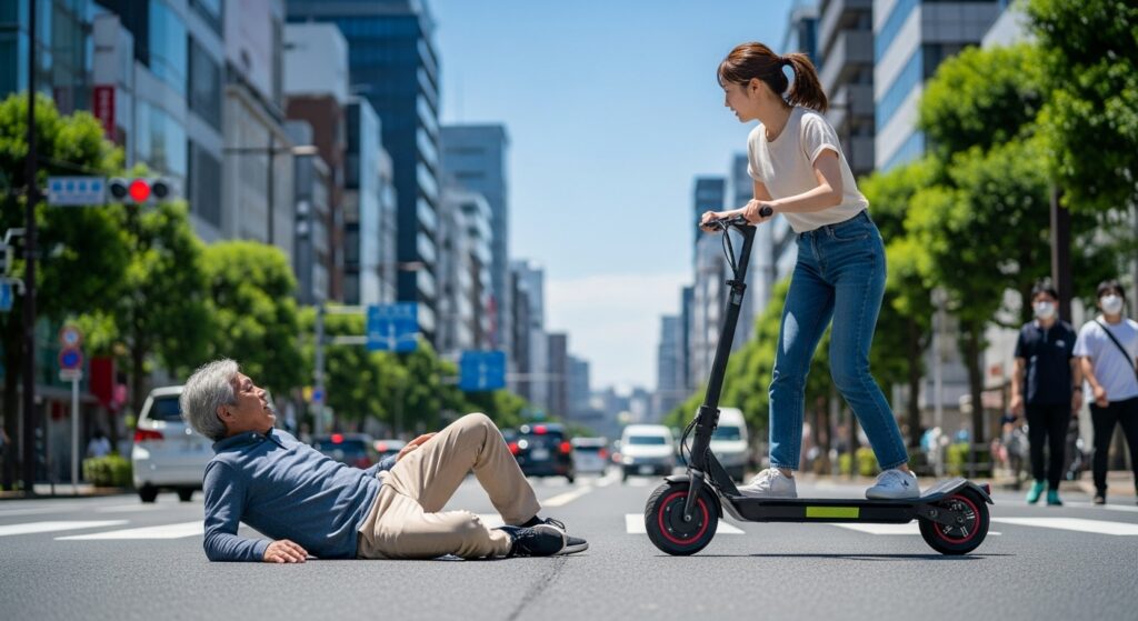 電動キックスケーターに乗る女性と道路に倒れている男性