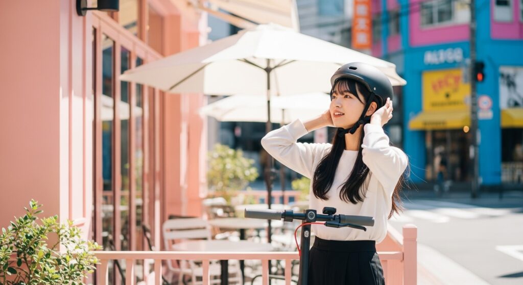 電動キックボードに乗るヘルメット姿の女性
