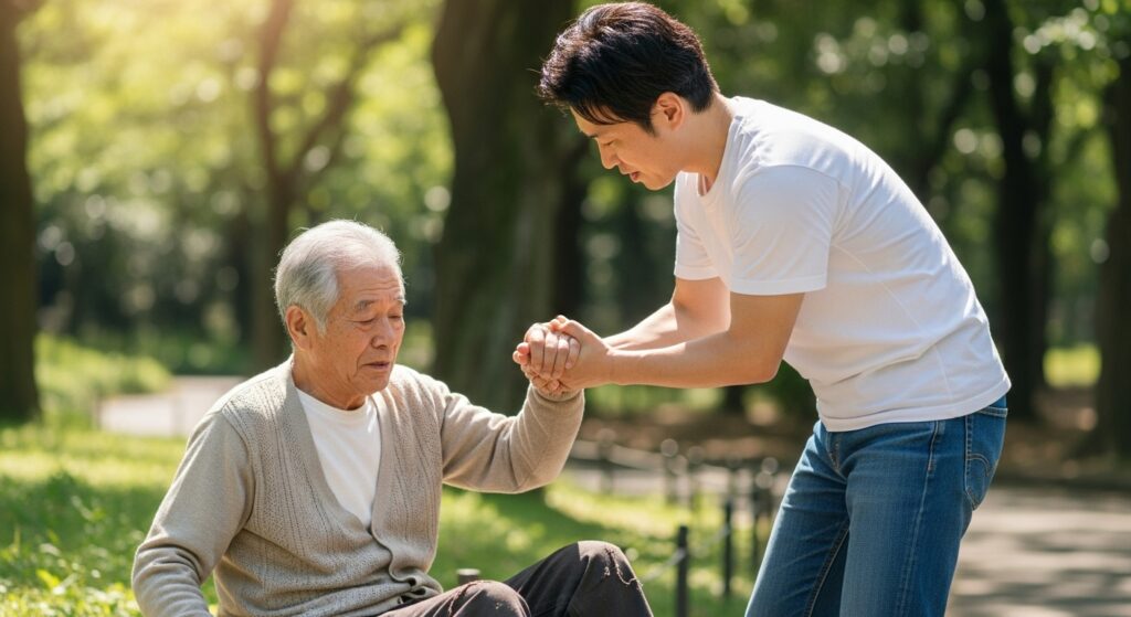 公園で車いすに乗るおじいさんの手を握る若い男性