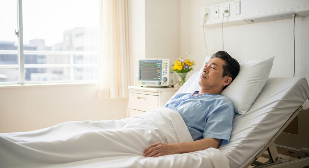 病院のベッドで眠る男性