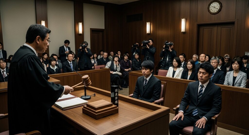 法廷で裁判官が槌を振るう様子