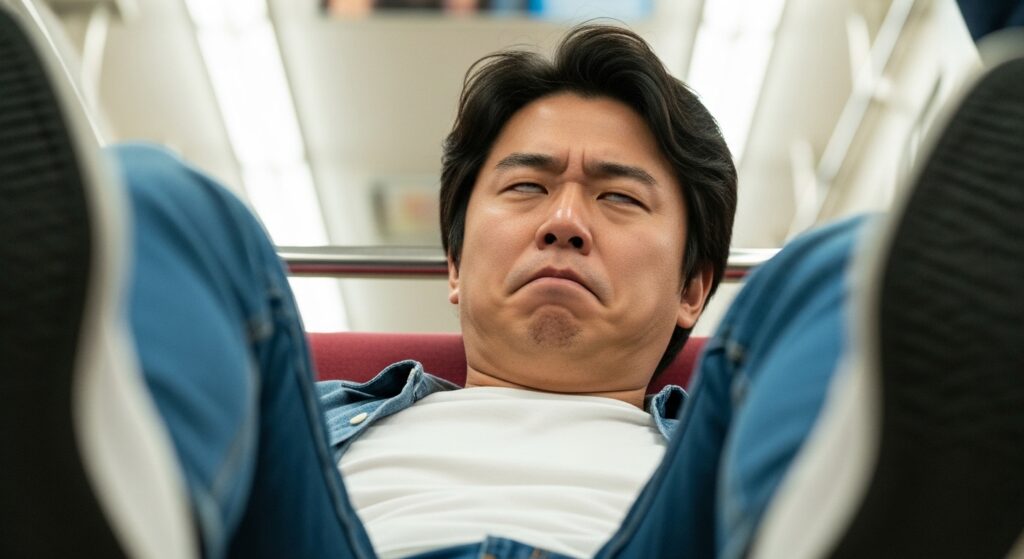 電車で白目をむいて疲れている男性