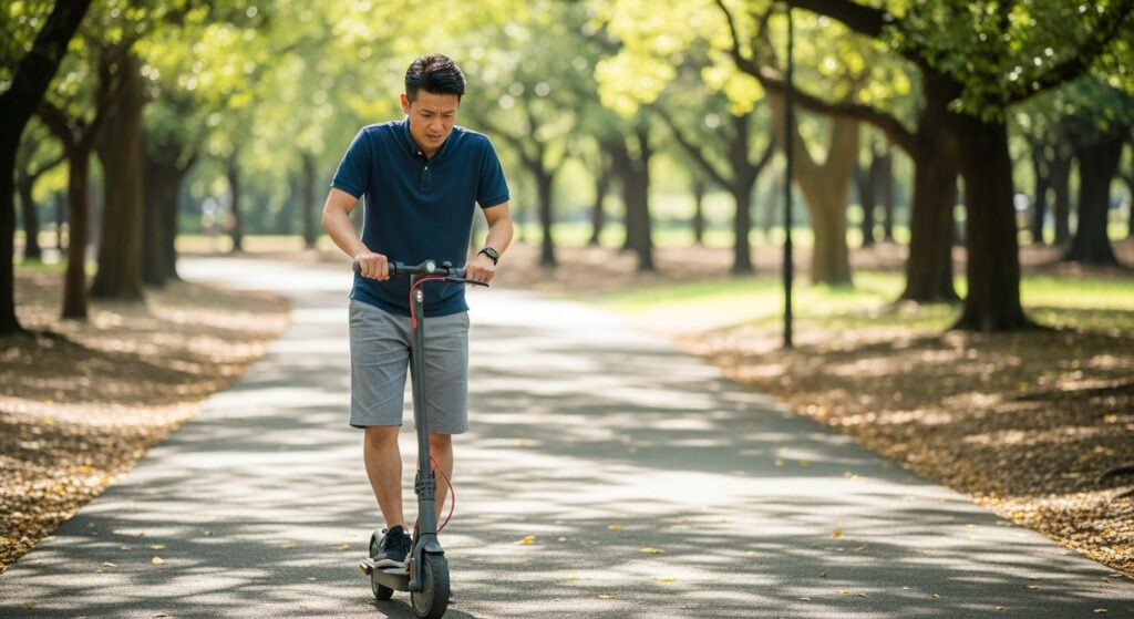 公園で電動キックボードに乗る男性