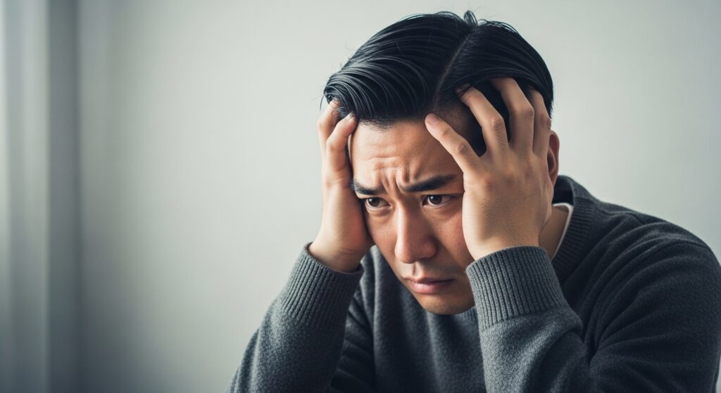 頭を抱えて悩む男性