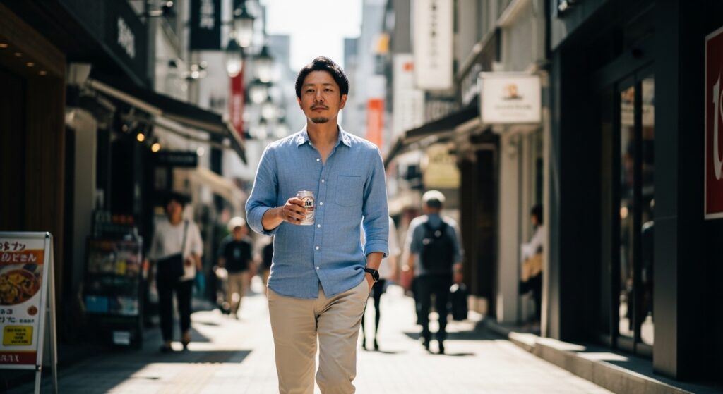 街を歩きながら缶ビールを飲む男性