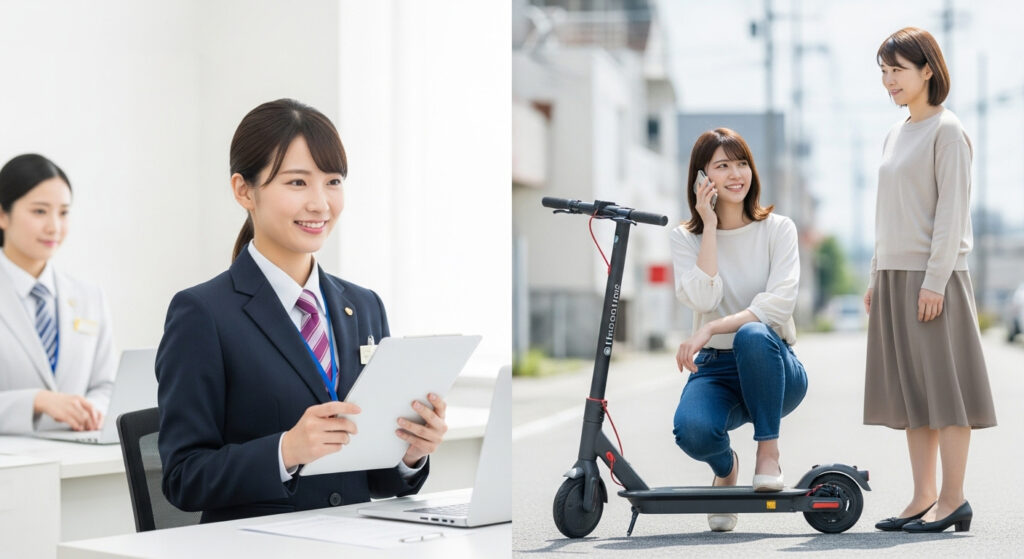 女性の事務員と電動キックボードに乗る女性
