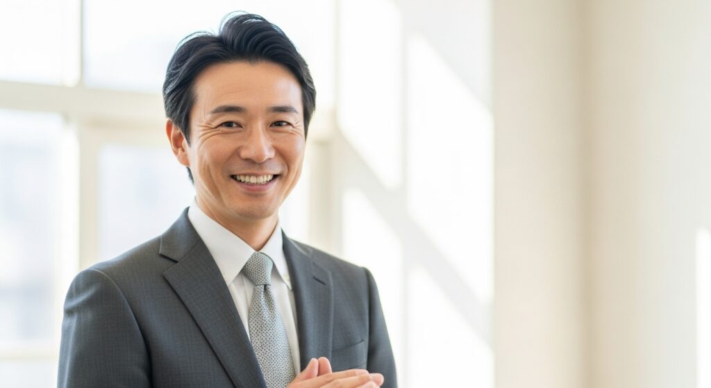 笑顔で拍手するグレーのスーツを着た男性