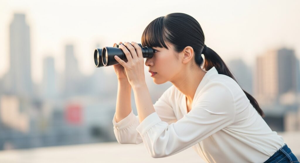 双眼鏡で遠くを見る女性