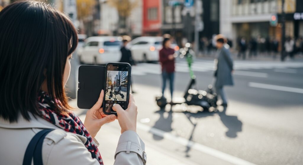 電動キックスケーターをスマホで撮影する女性
