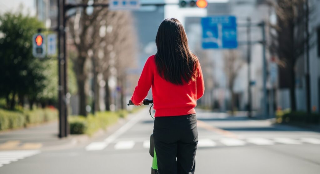 電動キックボードに乗る後ろ姿の女性