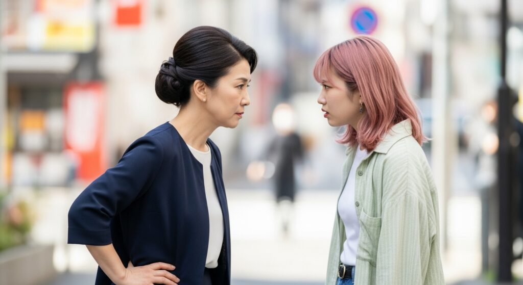 向かい合って睨み合う黒髪の女性とピンク髪の女性