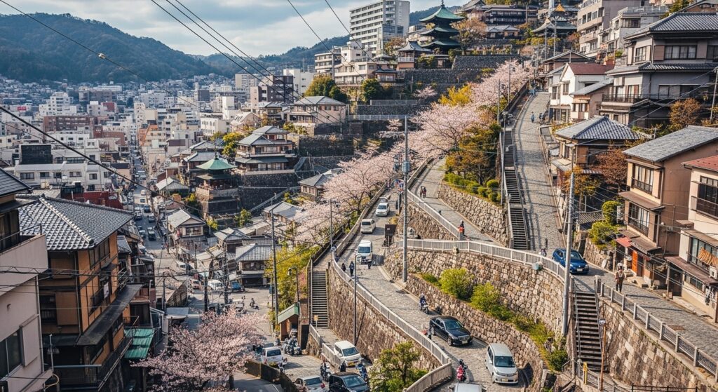 山の斜面に家々が並ぶ城下町の風景