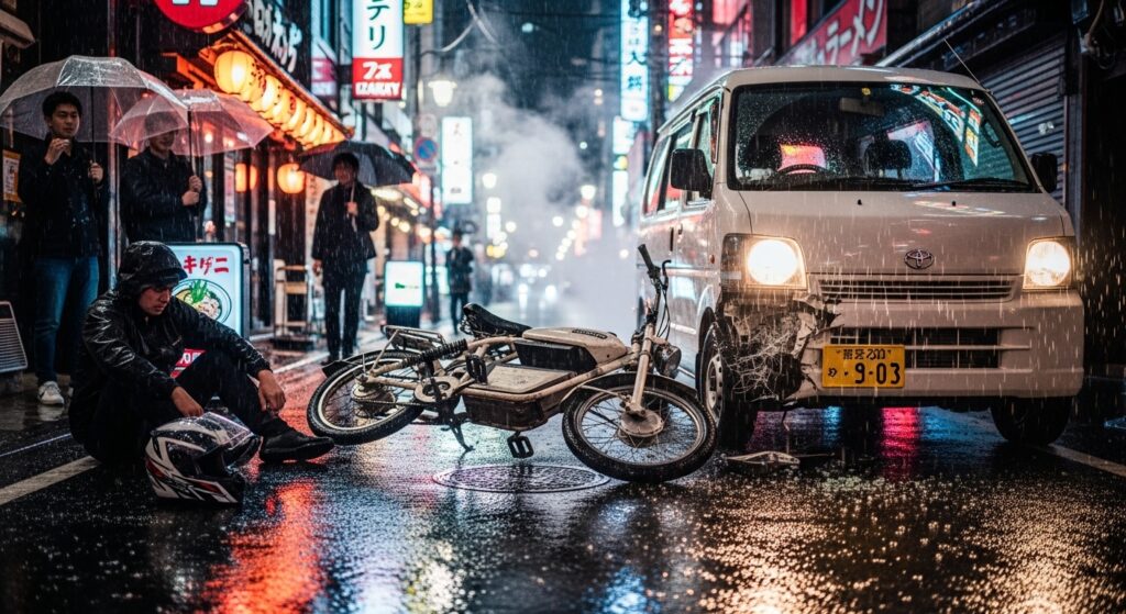雨の夜の交通事故現場