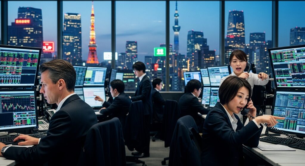 夜景をバックに株価の画面を見る証券取引所の様子