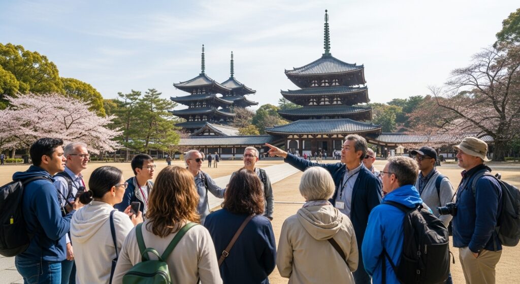 興福寺でガイドの説明を聞く観光客たち