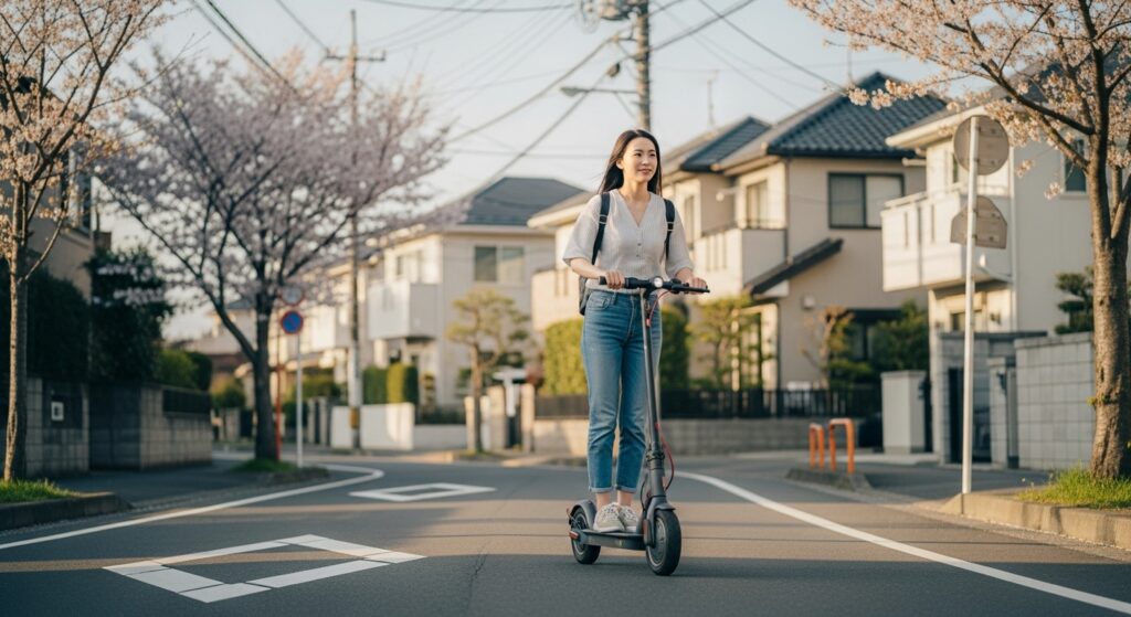 電動キックボードに乗る女性と桜並木のある住宅街