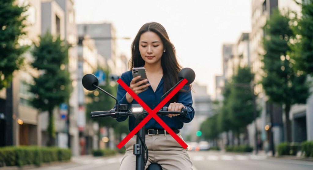 電動キックボードに乗りながらスマホを見る女性に赤色のバツ印