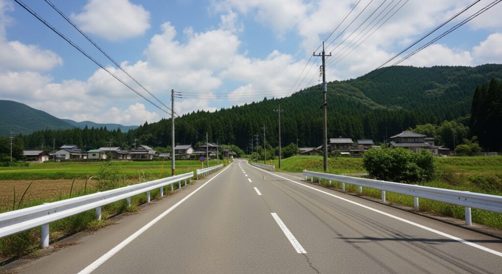 田舎の風景、一本道と山と家