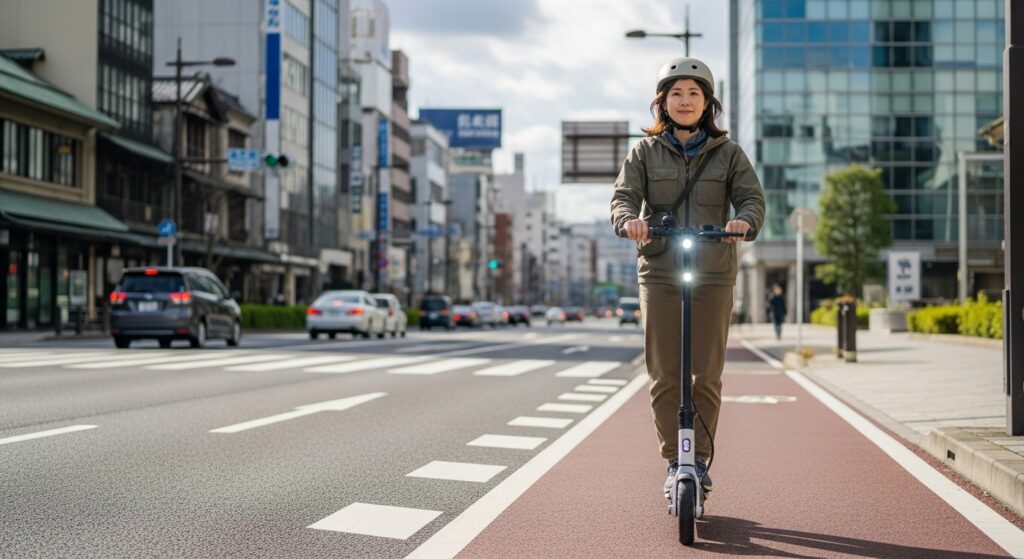 ヘルメットをかぶり電動キックボードに乗る女性