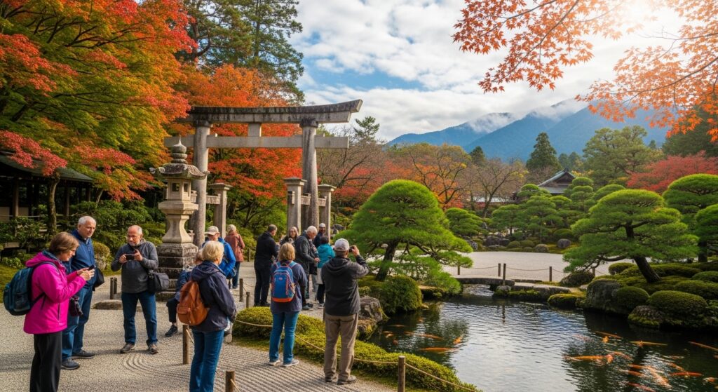 京都の庭園で紅葉を眺める観光客