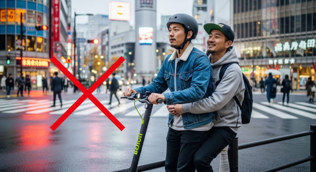 渋谷の横断歩道を電動キックボードで二人乗りする男性たち