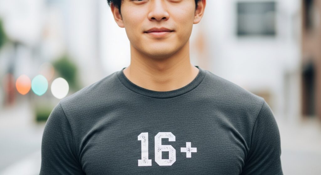 16プラスと書かれたTシャツを着た男性