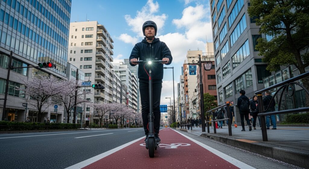 都心の自転車道を電動キックボードに乗るヘルメットを被った人