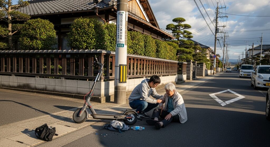 電動キックボードで転倒した高齢女性を介抱する男性