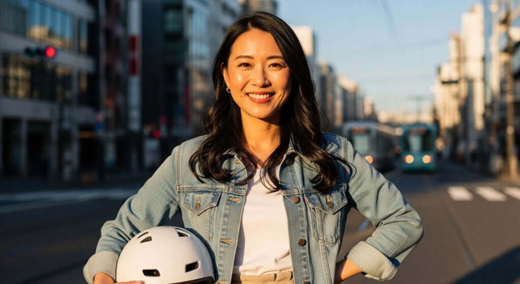 ヘルメットを持つ笑顔の女性