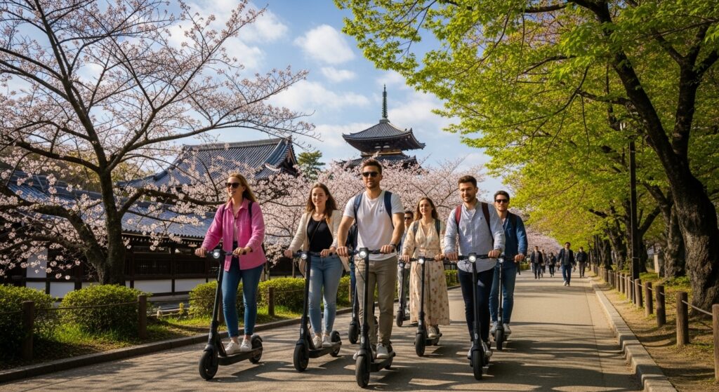 桜並木を電動キックボードで走る観光客たち