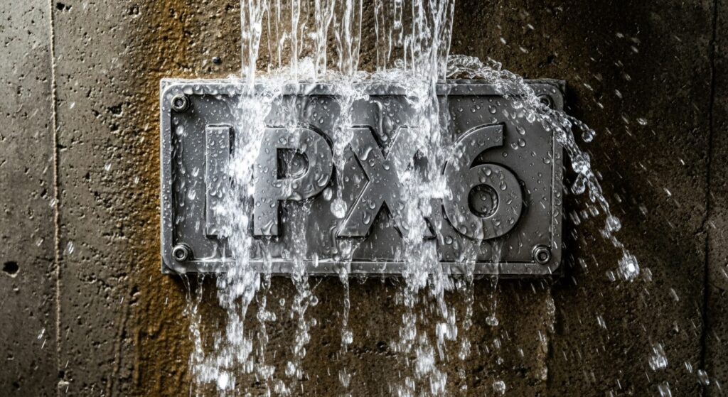 防水性能IPX6の表示板に水がかかっている様子