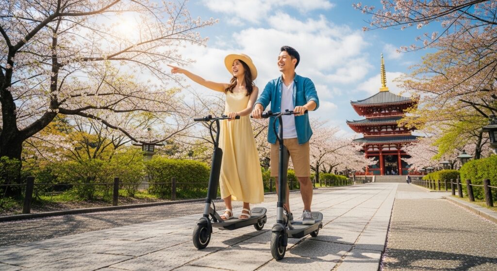 桜並木と赤い塔の前で電動キックボードに乗る笑顔の男女