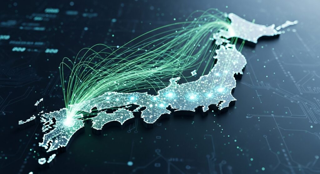 光る線でつながった日本の地図