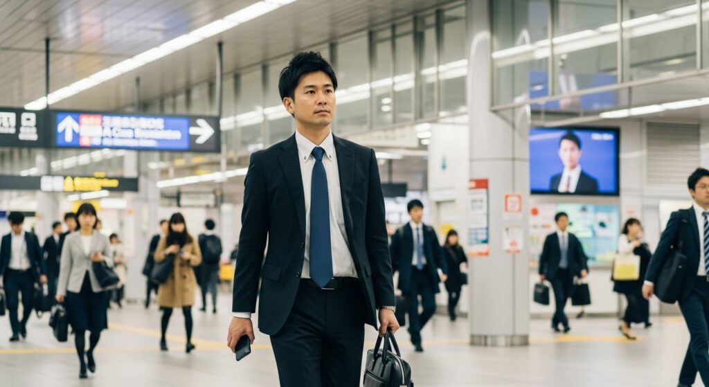 駅の通路を歩くスーツ姿の男性