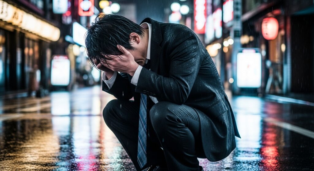 雨の中うずくまり顔を覆うスーツ姿の男性