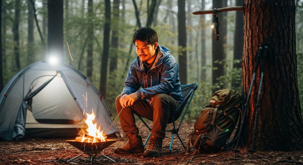 キャンプ場で焚き火にあたる男性