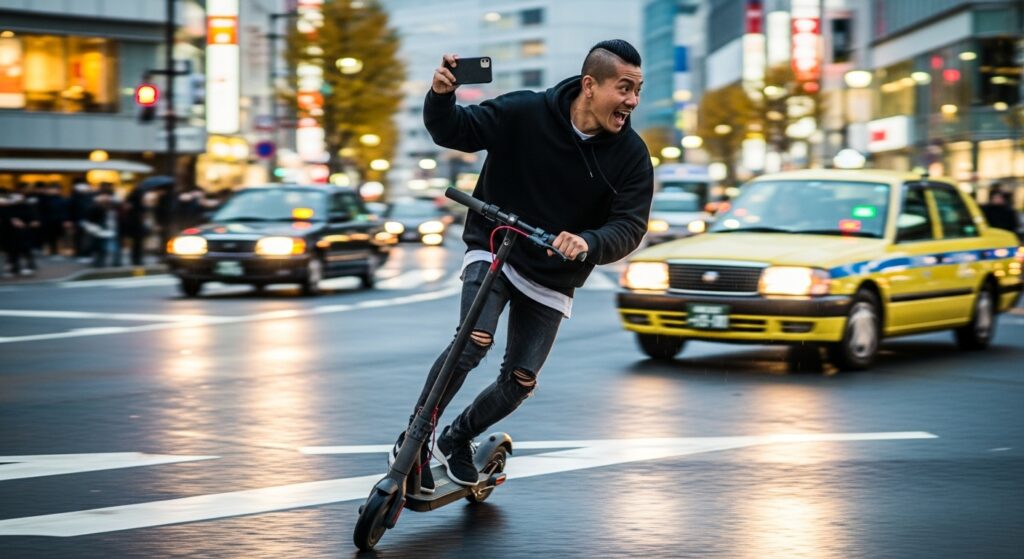 電動キックスケーターに乗って自撮りをする男性