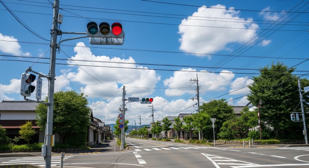 田舎道の交差点にある赤信号