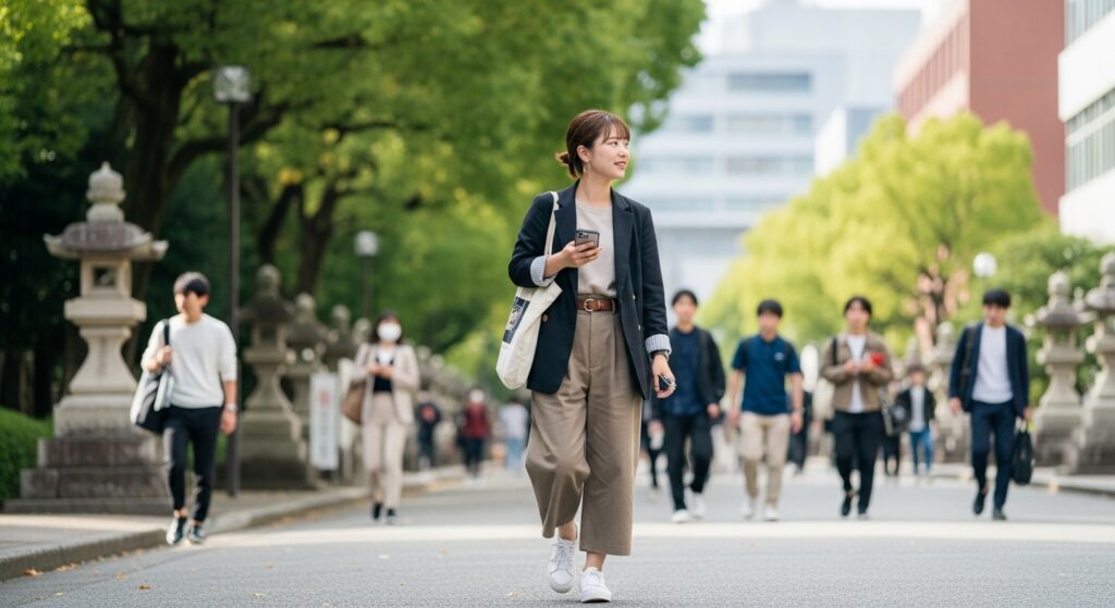 並木道を歩く女性