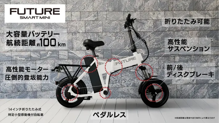 特徴を紹介する白い電動ミニバイク