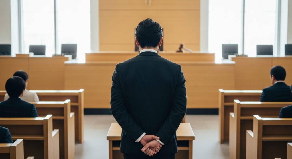 法廷で証言台に立つ弁護士の後ろ姿