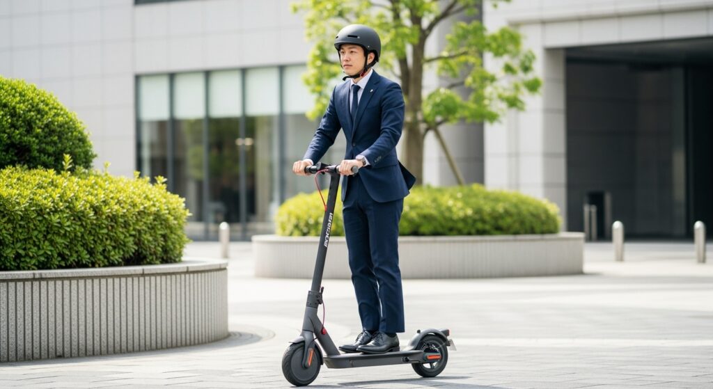 ヘルメットをかぶり電動キックスケーターに乗るスーツ姿の男性