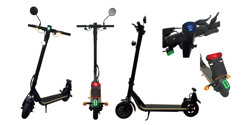 白い背景に黒色の電動キックスケーター